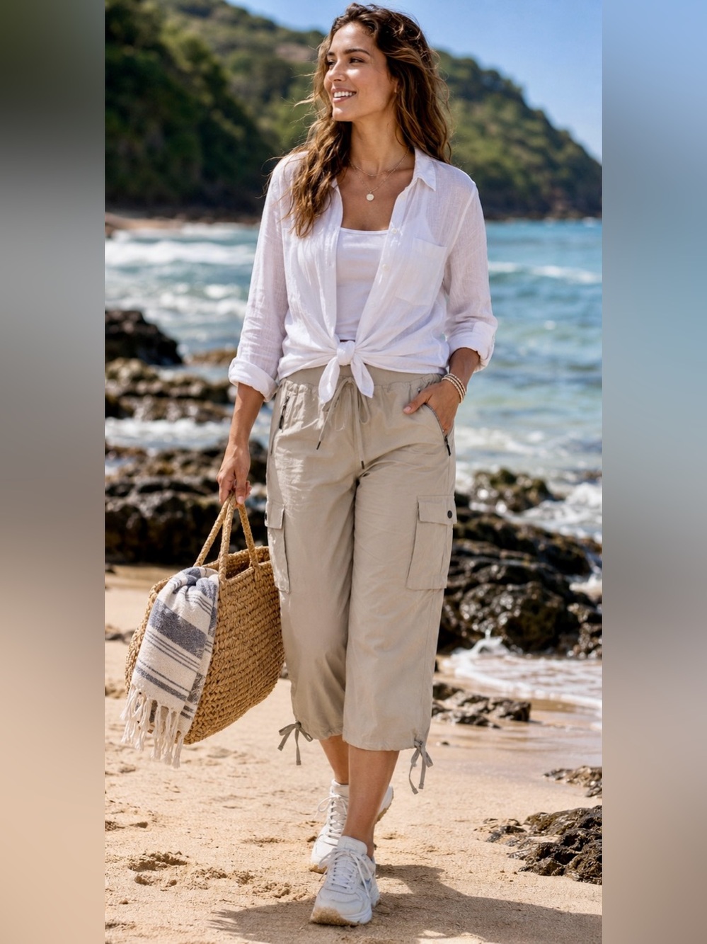 Soothfeel Women’s Cargo Capri Pants XL Khaki Utility Hiking Travel NWT Gorpcore